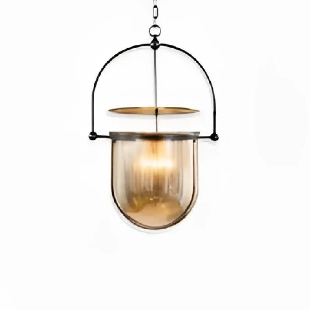 Suspension lanterne en verre ambré, cadre noir ou doré, noir