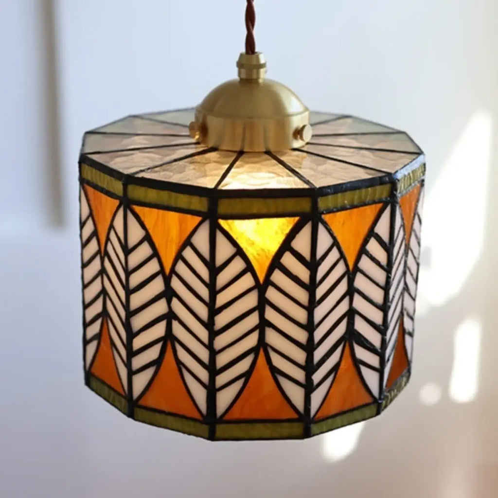 Suspension façon vitrail en verre, motif de feuilles, bleu ou ambre
