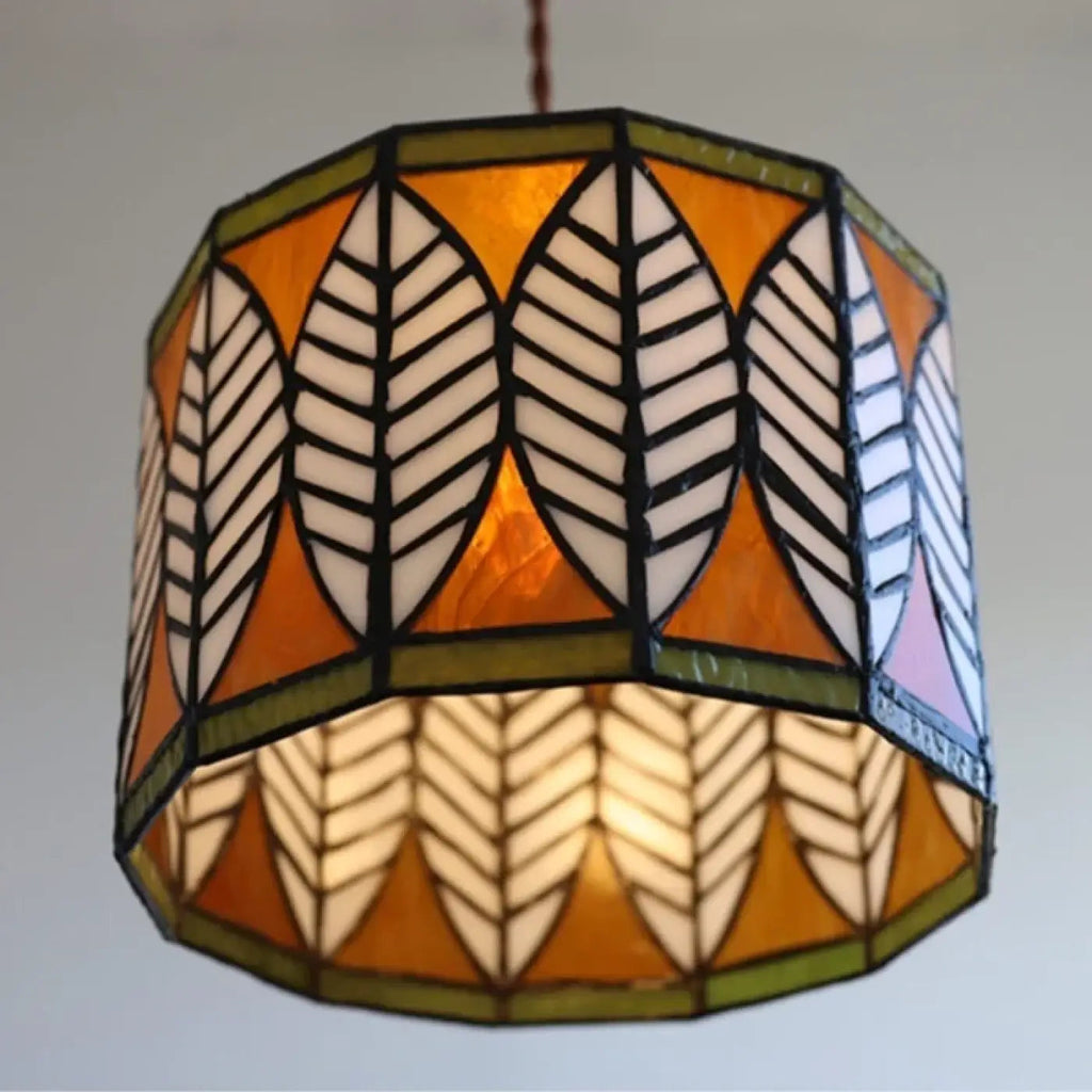 Suspension façon vitrail en verre, motif de feuilles, bleu ou ambre