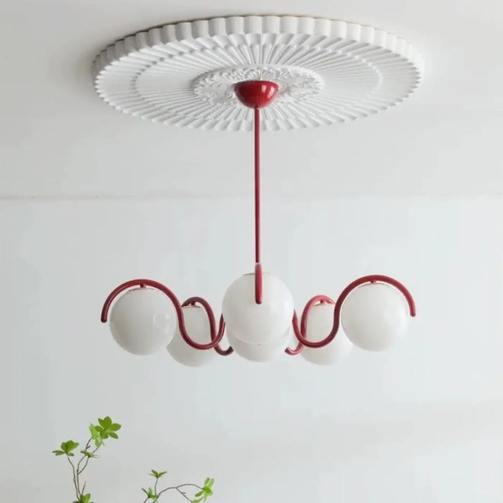Suspension six boules blanches, support rouge ou blanc