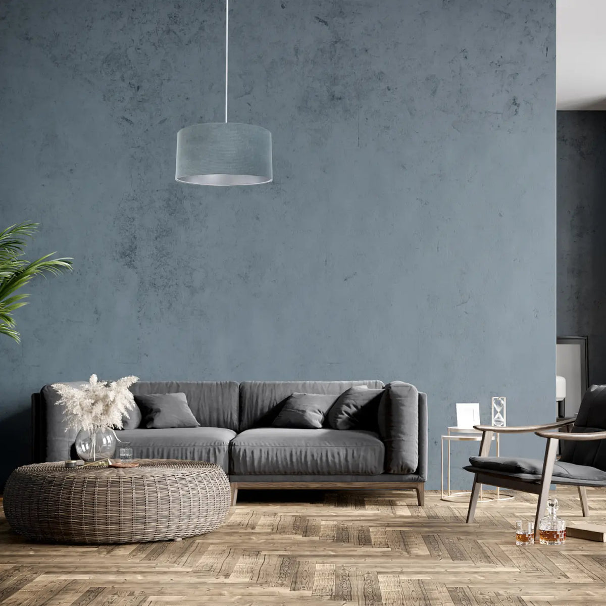 Suspension en tissu bleu gris et argent, abat-jour généreux