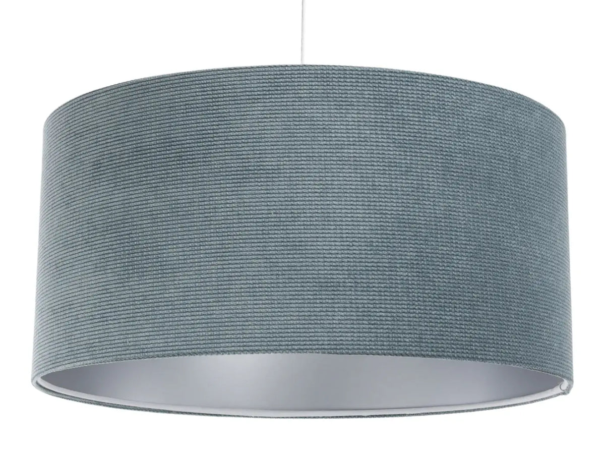 Suspension en tissu bleu gris et argent, abat-jour généreux