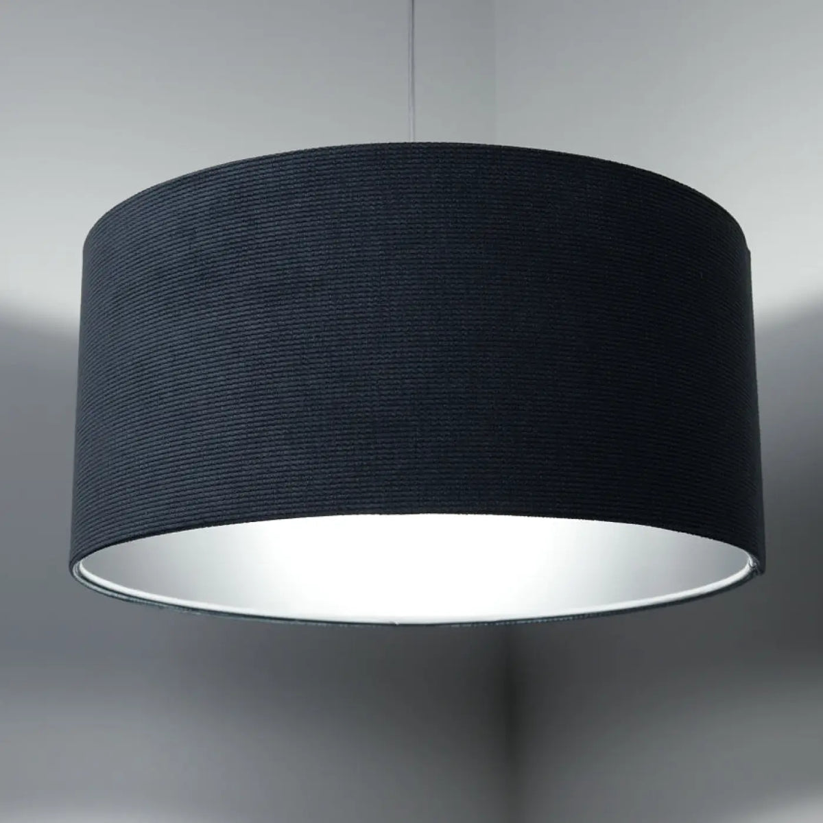 Suspension en tissu bleu gris et argent, abat-jour généreux