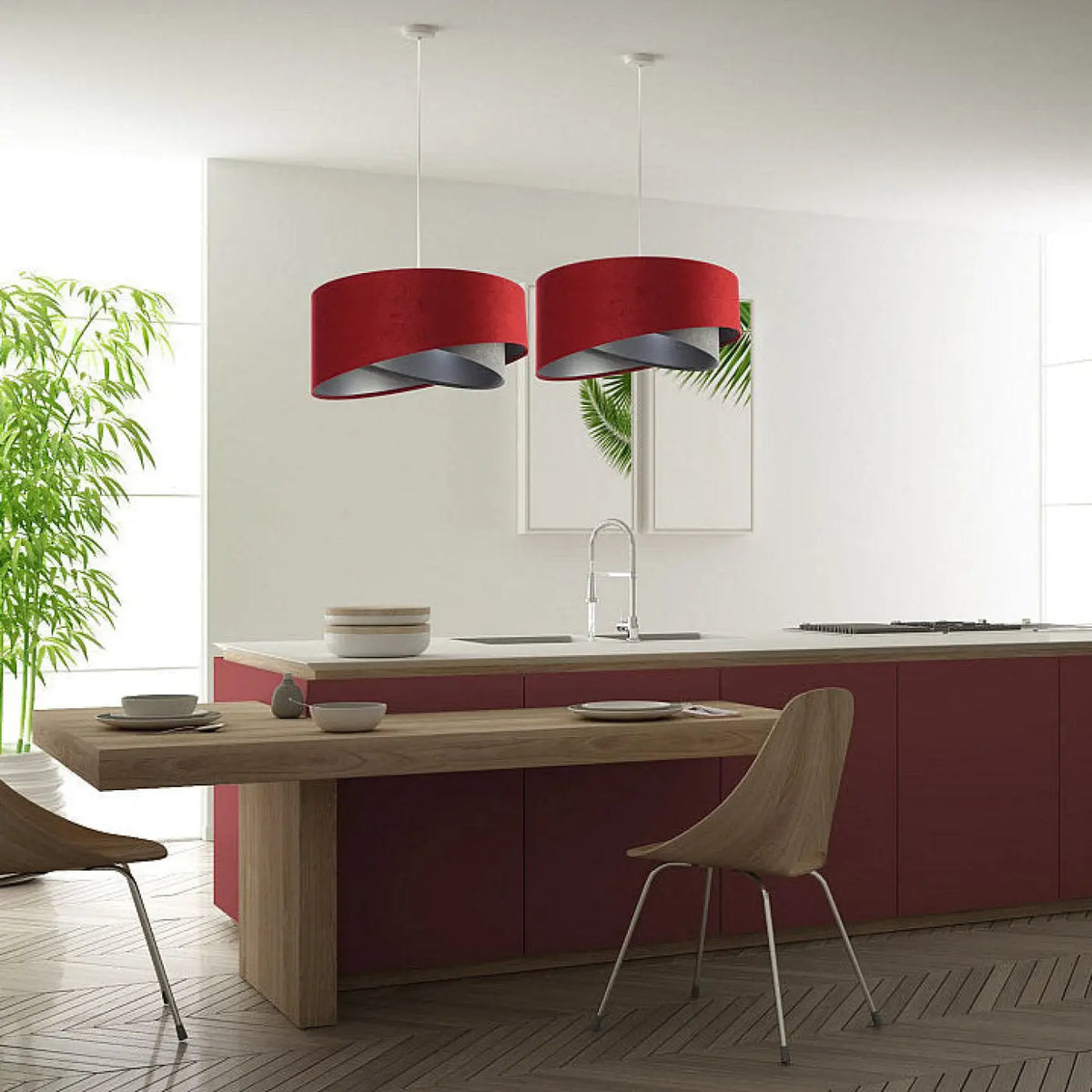 Suspension effet velours bordeaux, intérieur argenté, 50 cm