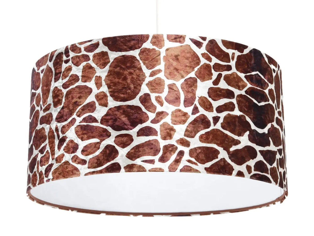 Suspension motif girafe marron et blanc, abat-jour en tissu