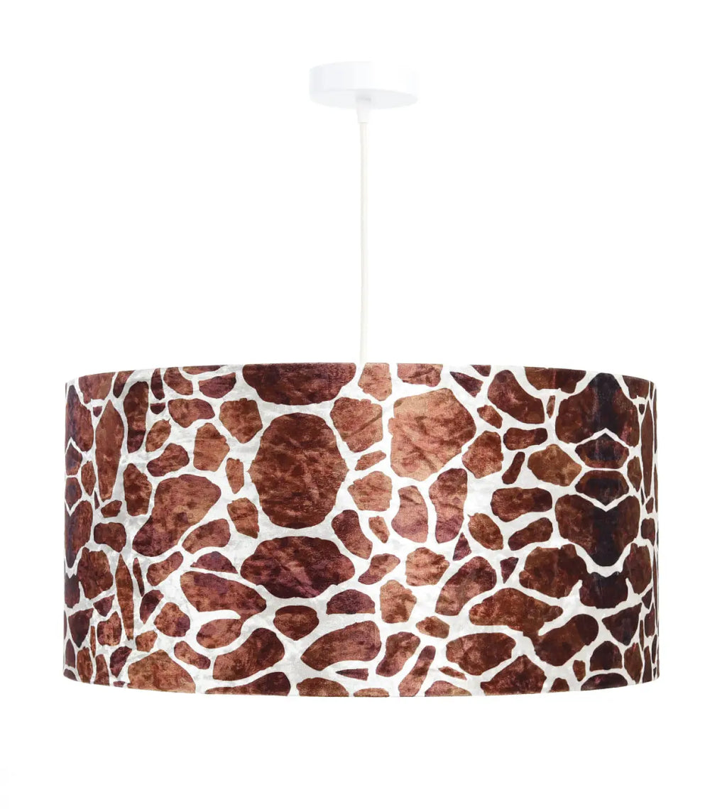 Suspension motif girafe marron et blanc, abat-jour en tissu