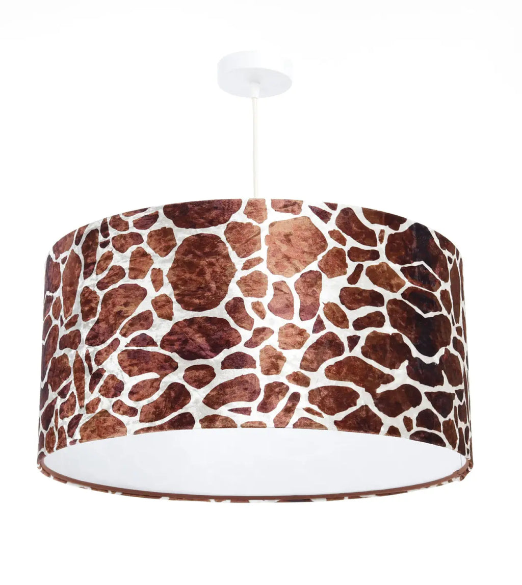 Suspension motif girafe marron et blanc, abat-jour en tissu