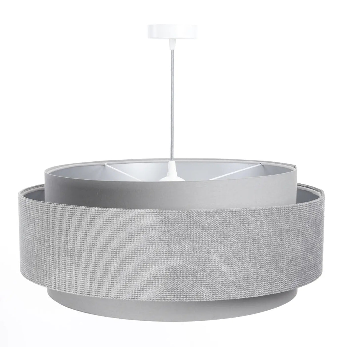 Suspension en tissu gris et argent, sobre et lumineuse