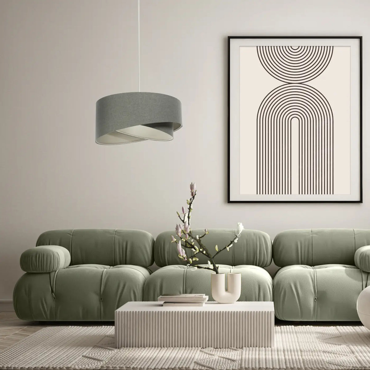 Suspension sculpturale en tissu gris vert et écru, 4 tailles