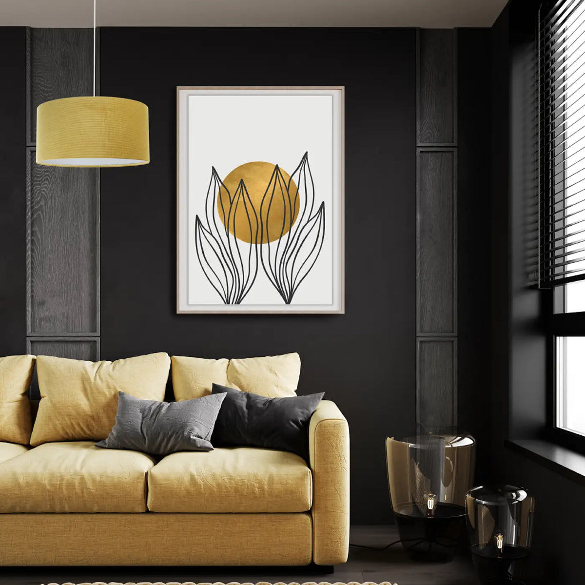 Suspension en tissu jaune, abat-jour coloré et moderne