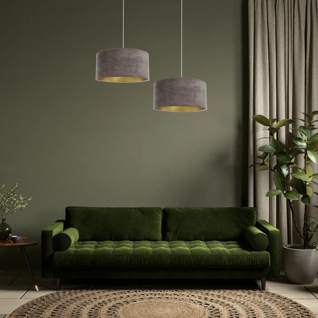 Suspension en tissu marron et doré, grand abat-jour chic