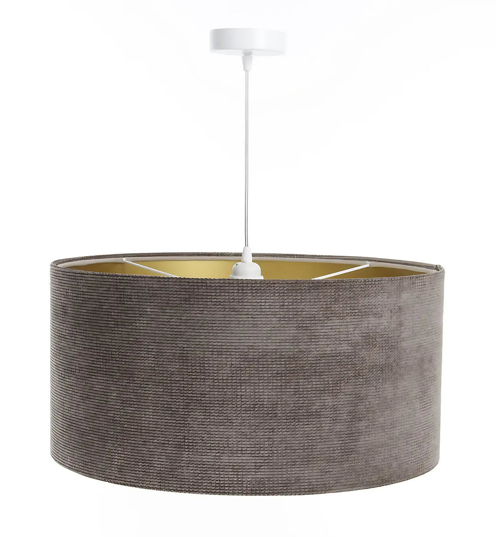 Suspension en tissu marron et doré, grand abat-jour chic