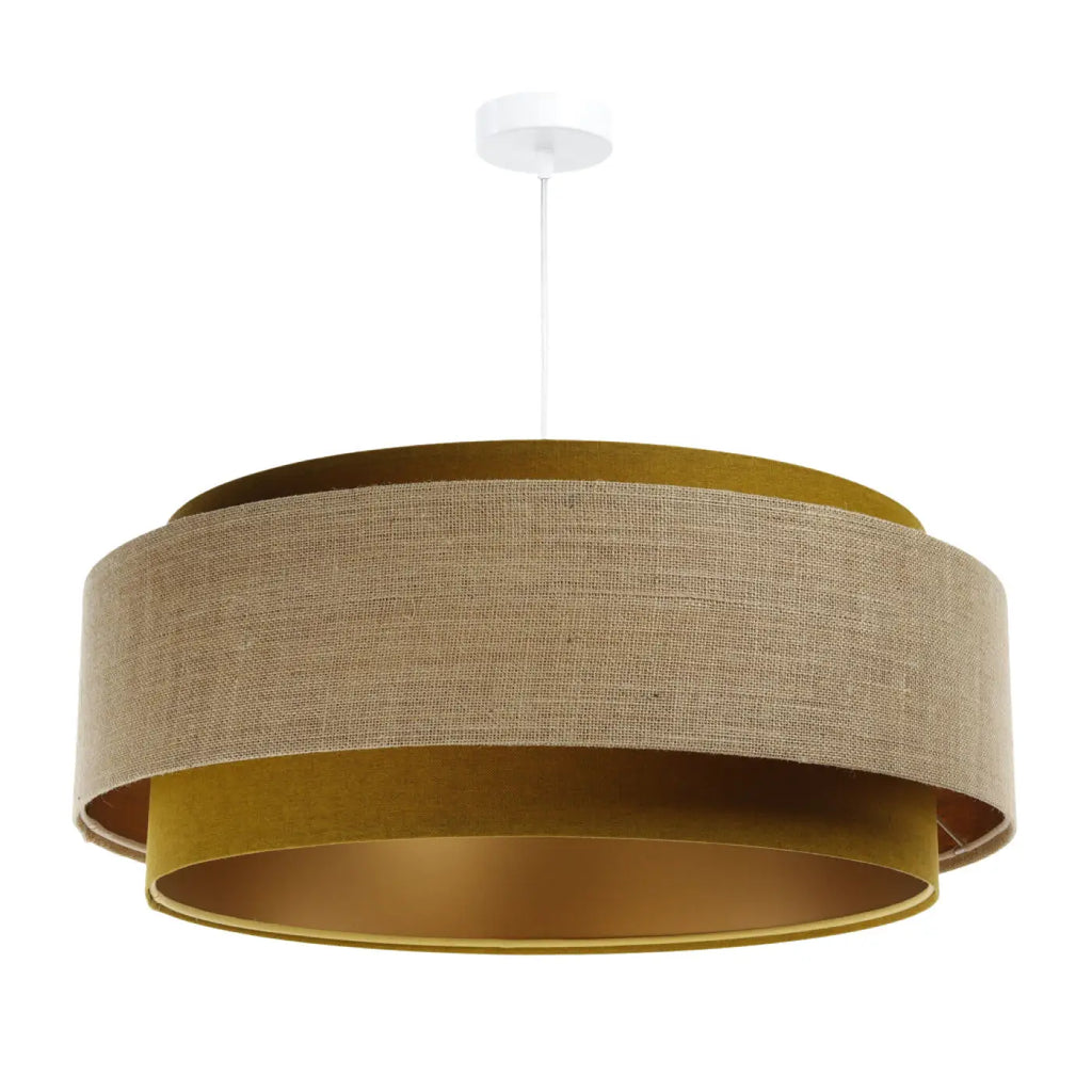 Suspension en tissu moutarde et beige, finitions dorées