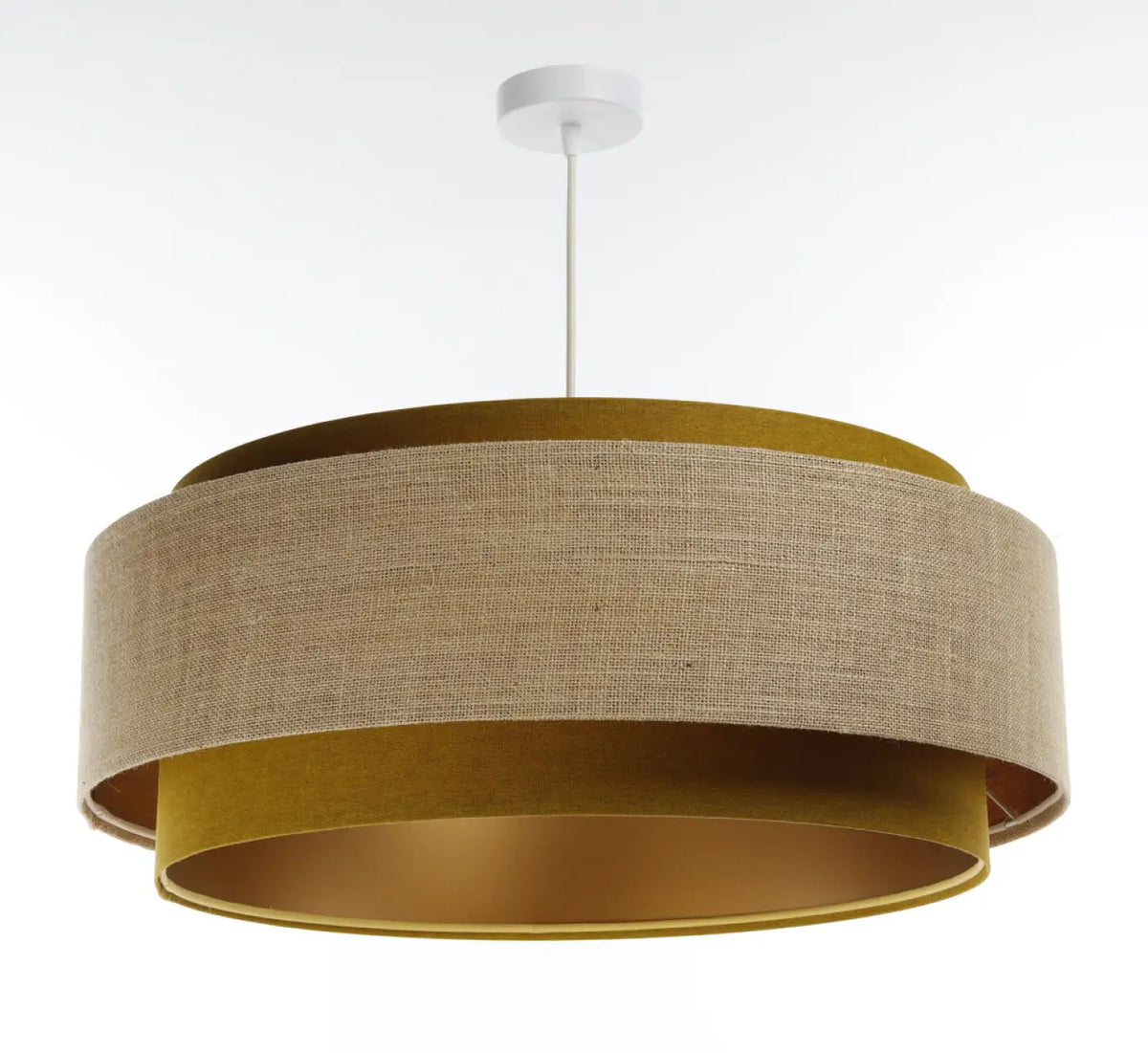Suspension en tissu moutarde et beige, finitions dorées