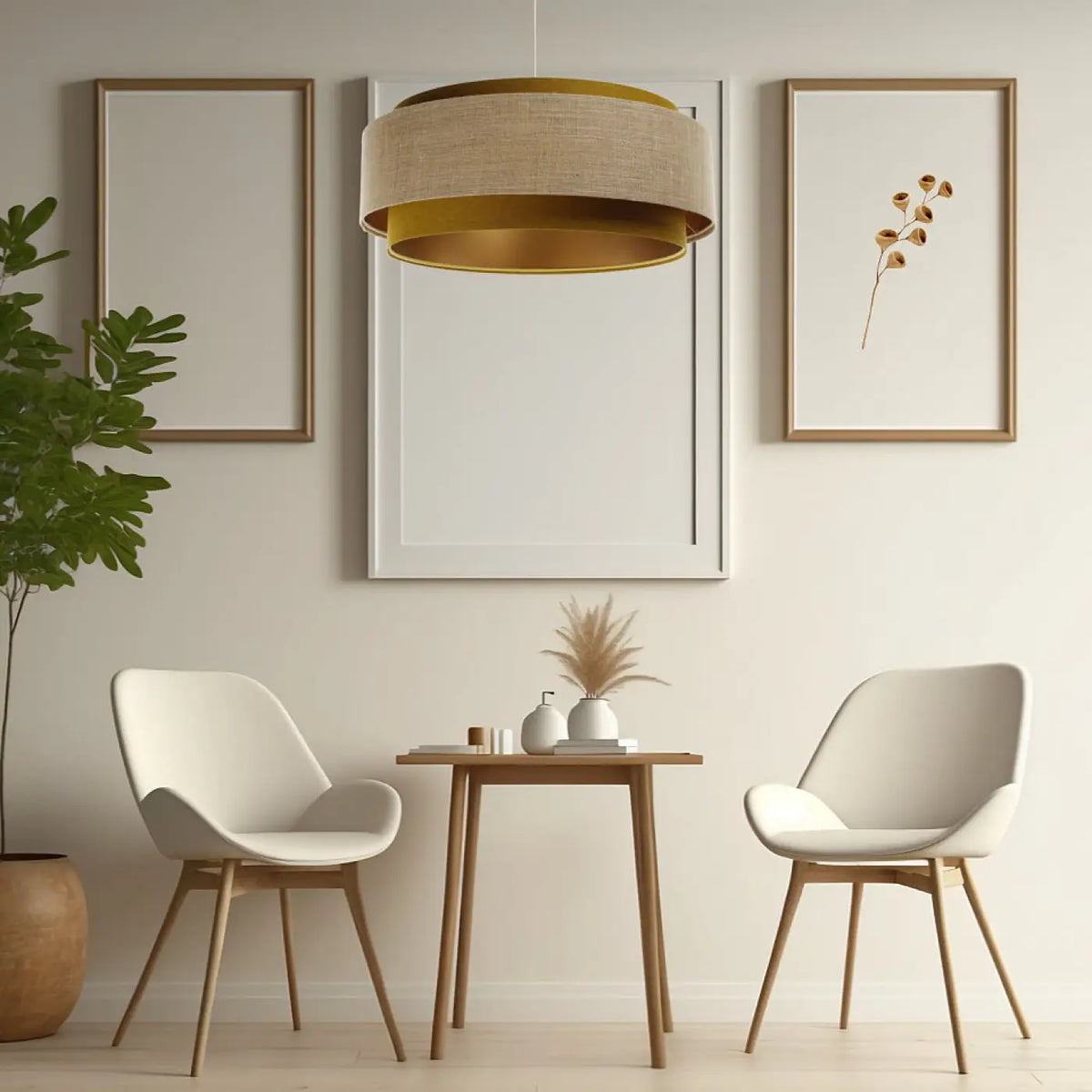 Suspension en tissu moutarde et beige, finitions dorées
