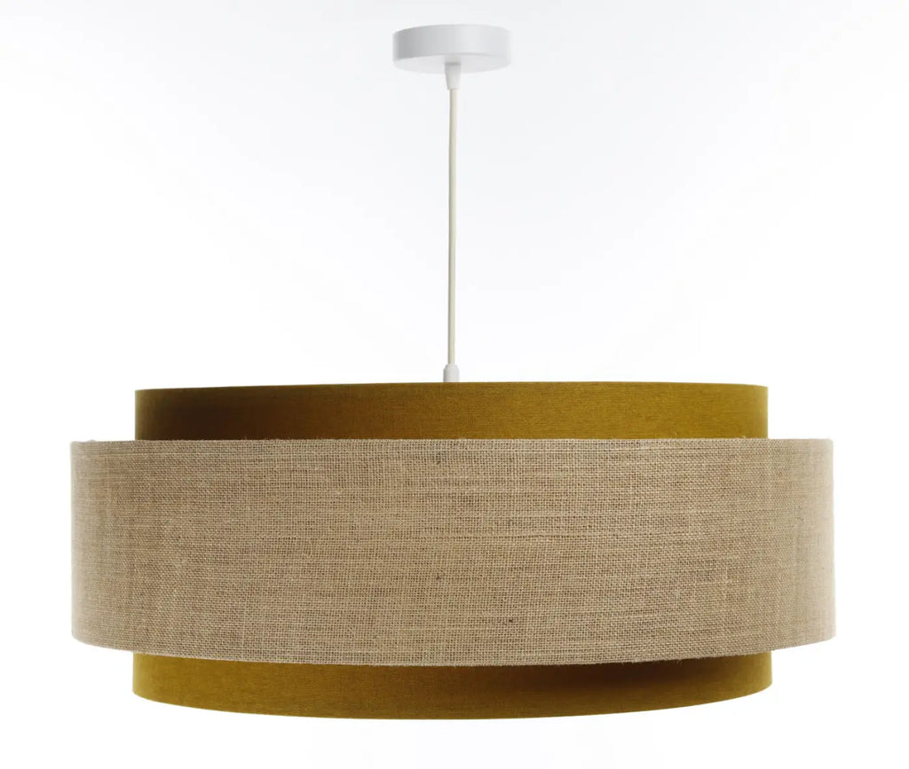 Suspension en tissu moutarde et beige, finitions dorées