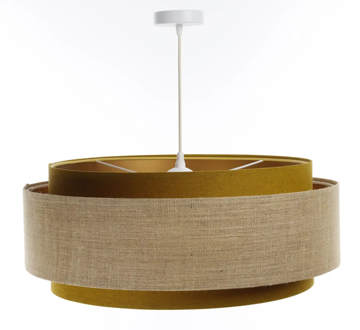 Suspension en tissu moutarde et beige, finitions dorées