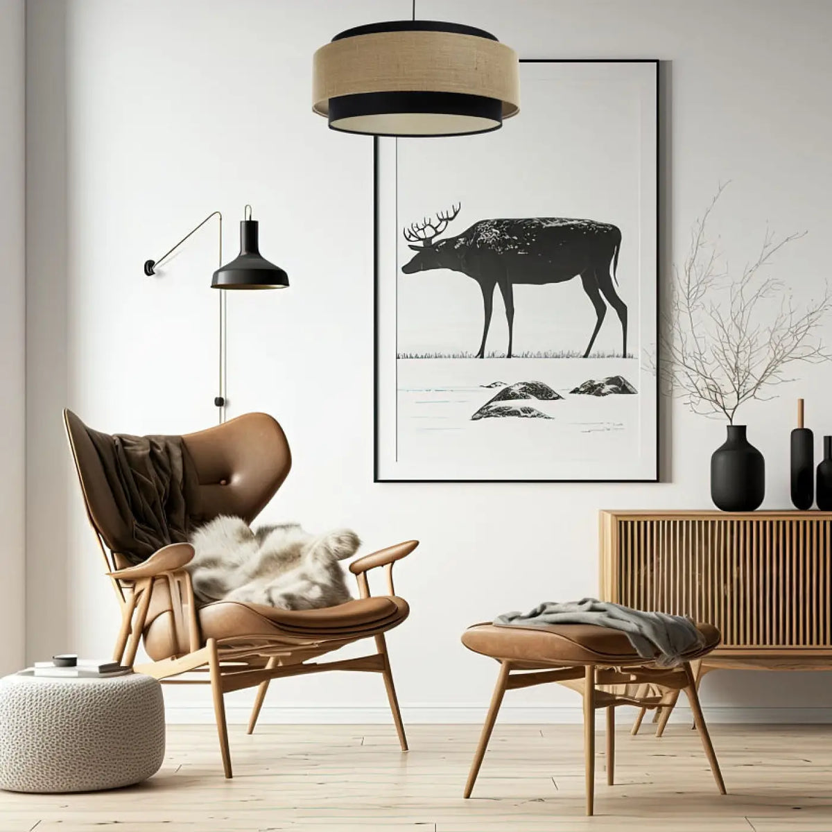 Suspension en tissu noir, beige et écru, contraste chic