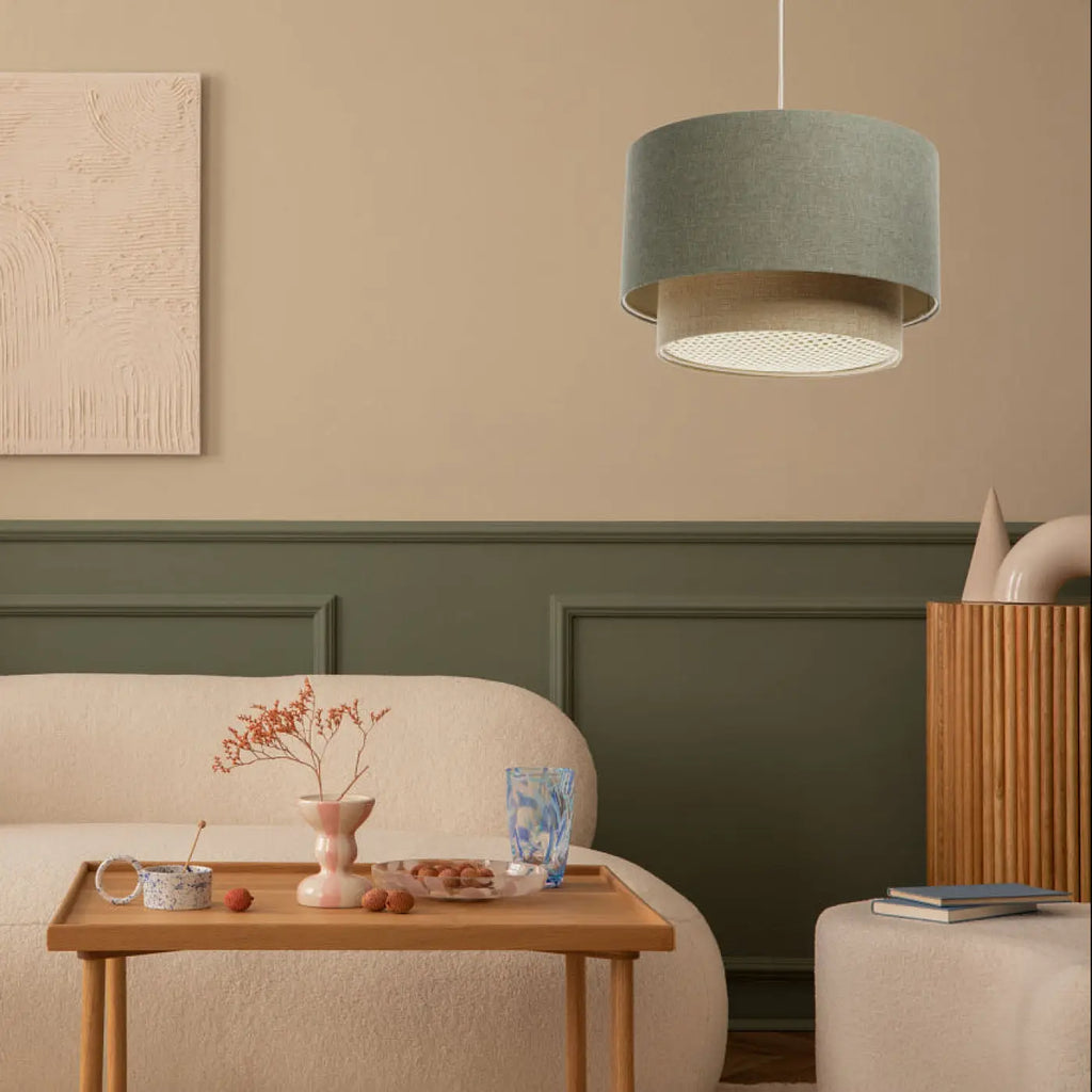 Suspension cylindrique en tissu vert et beige, tailles S, M, L