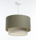 Suspension en tissu vert gris, crème et écru, lumière tamisée