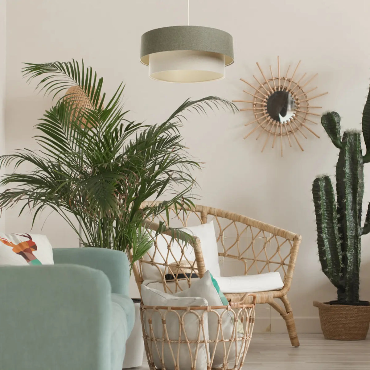 Suspension abat-jour en tissu vert gris et crème, tailles S à L