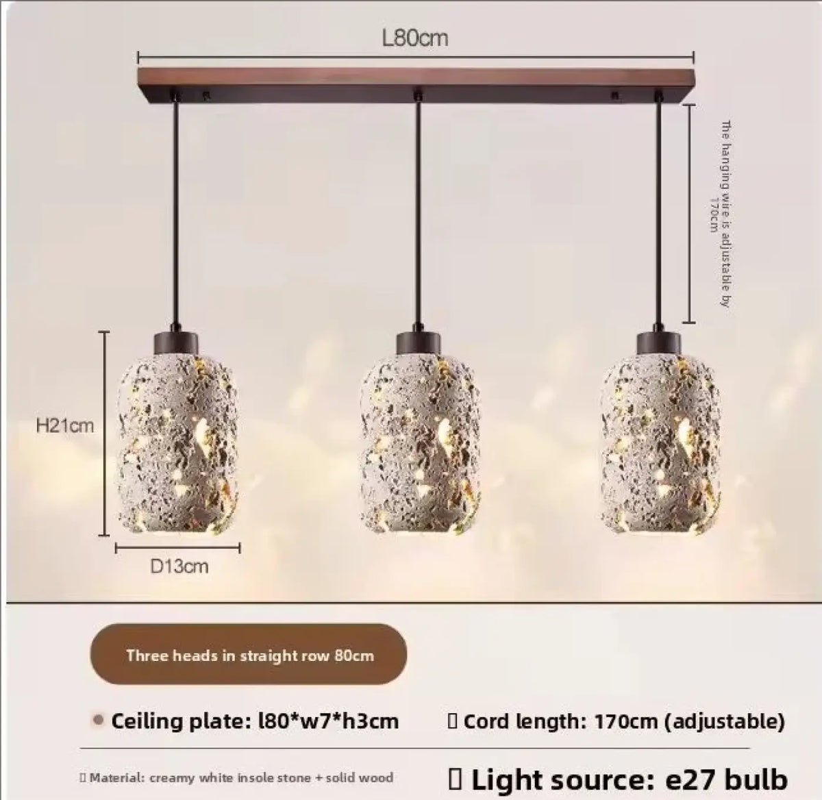 Suspension LED en travertin, une, deux ou trois têtes