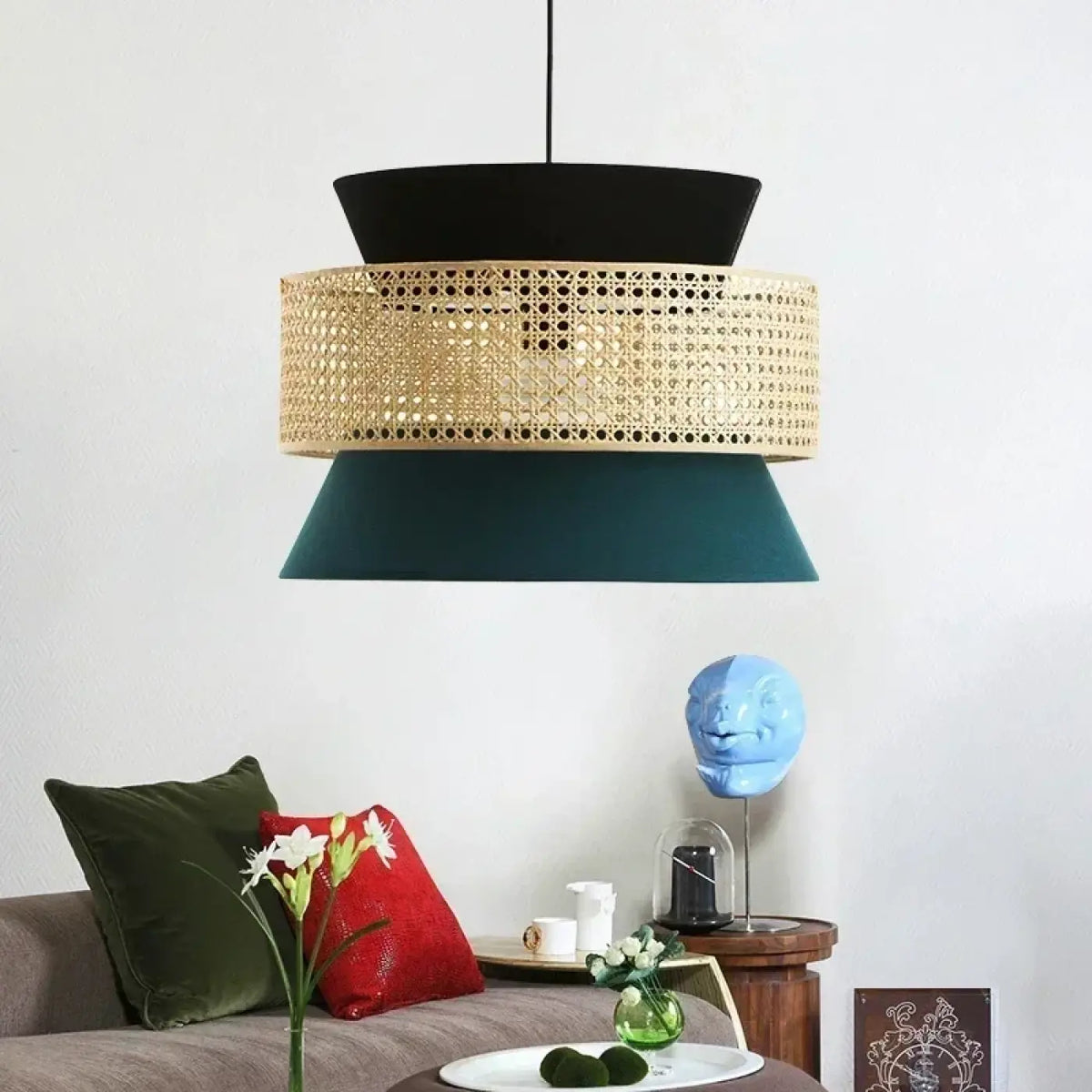 Suspension tricolore en cannage, rotin et bambou, quatre tailles