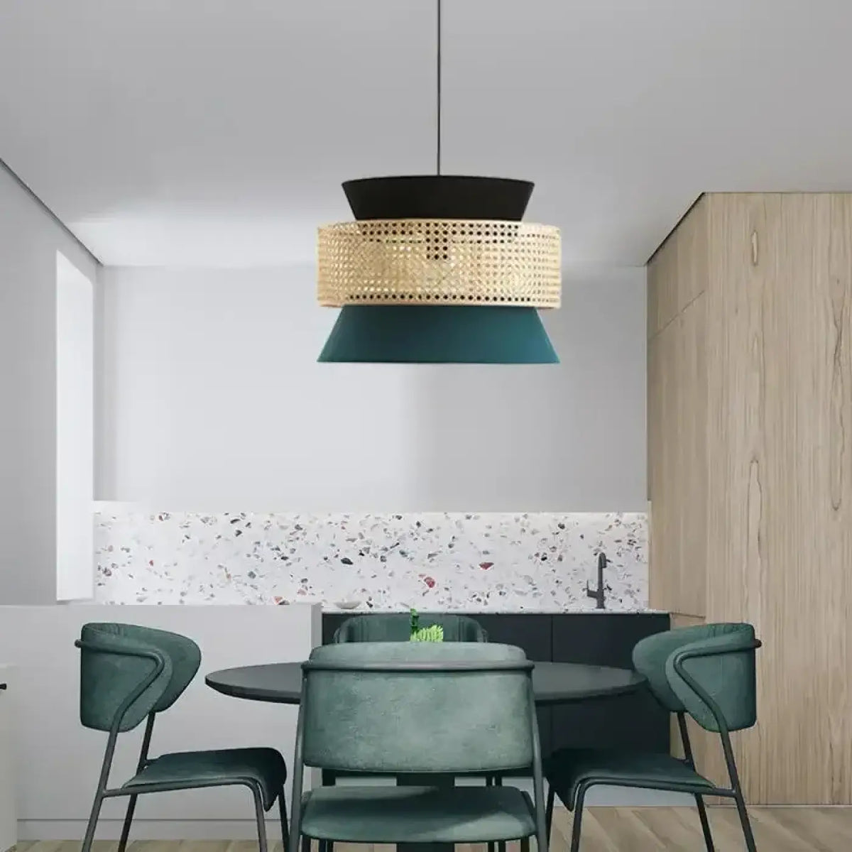 Suspension tricolore en cannage, rotin et bambou, quatre tailles
