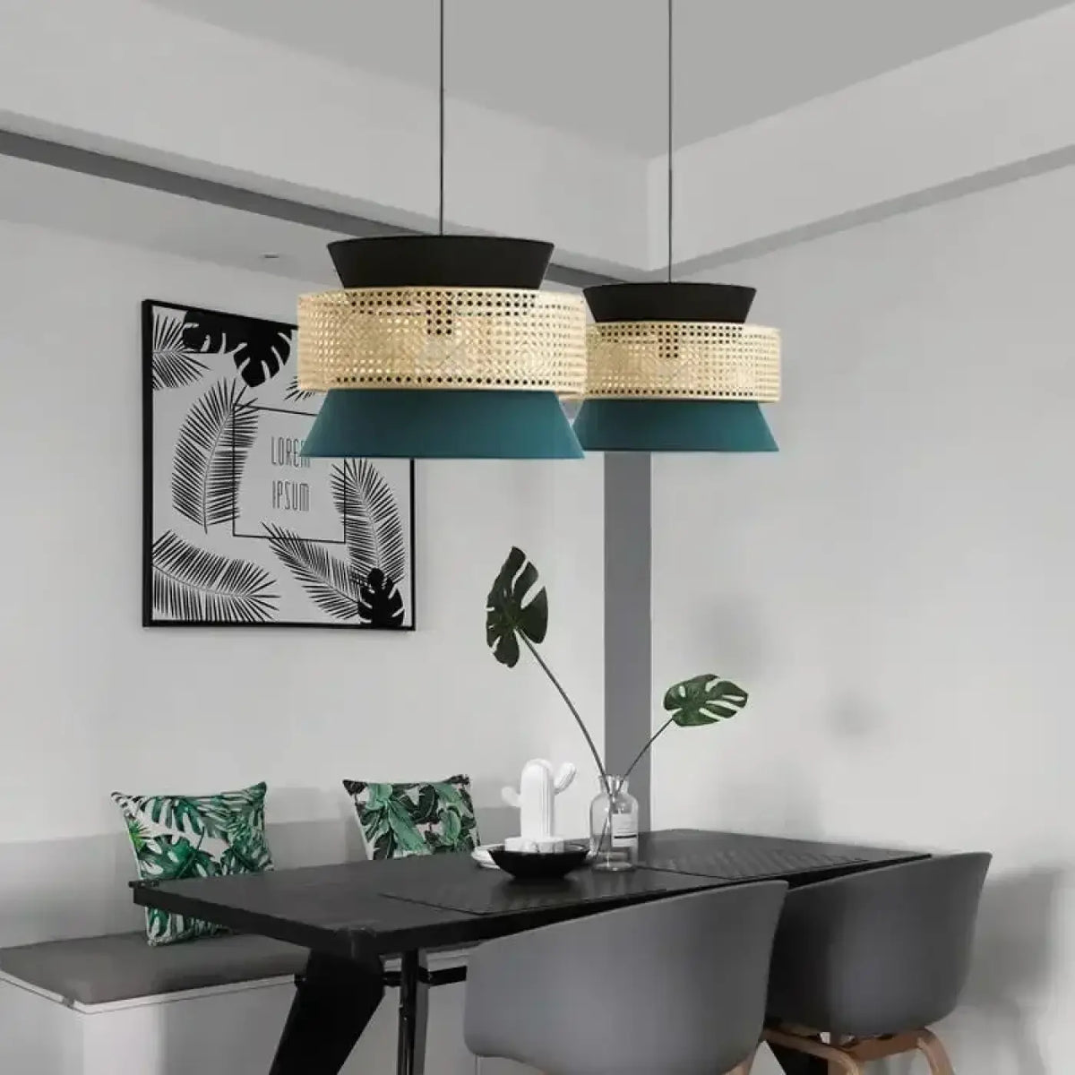 Suspension tricolore en cannage, rotin et bambou, quatre tailles