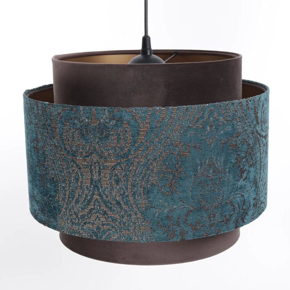 Suspension en tissu turquoise et marron, détails cuivrés