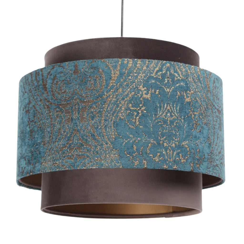 Suspension en tissu turquoise et marron, détails cuivrés