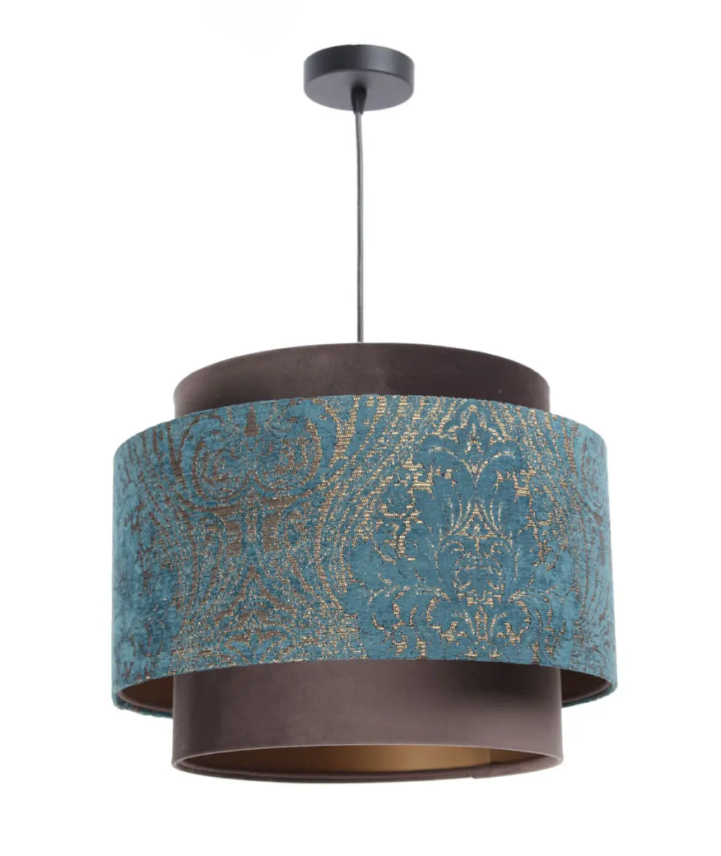 Suspension en tissu turquoise et marron, détails cuivrés