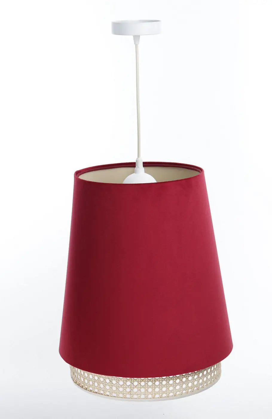 Suspension rouge moderne, abat-jour en rotin et tissu