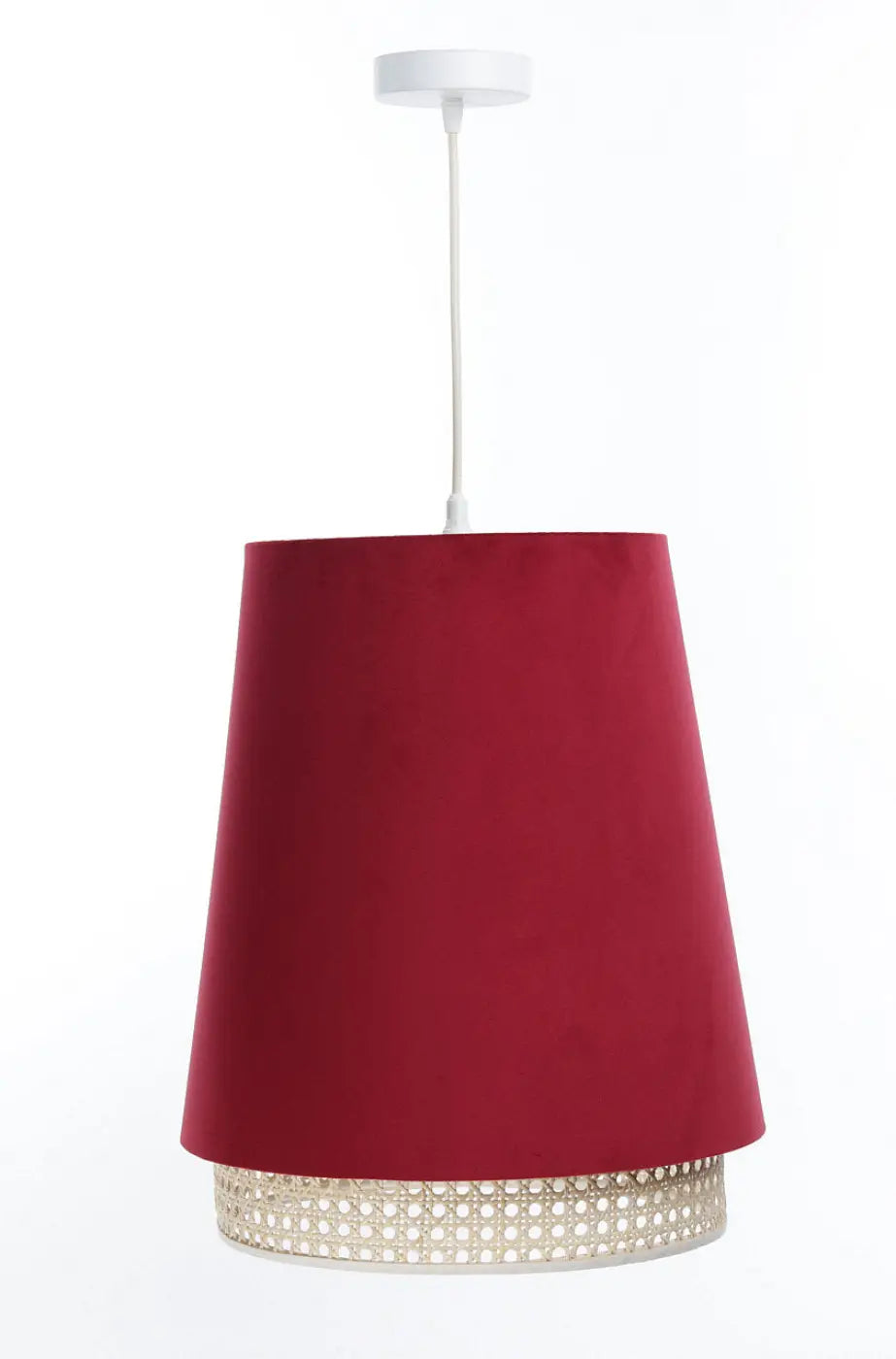Suspension rouge moderne, abat-jour en rotin et tissu