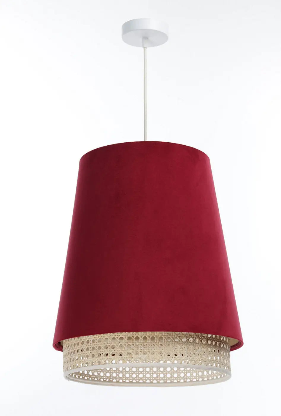 Suspension rouge moderne, abat-jour en rotin et tissu