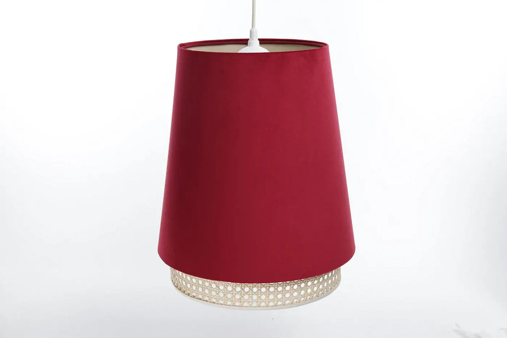 Suspension rouge moderne, abat-jour en rotin et tissu