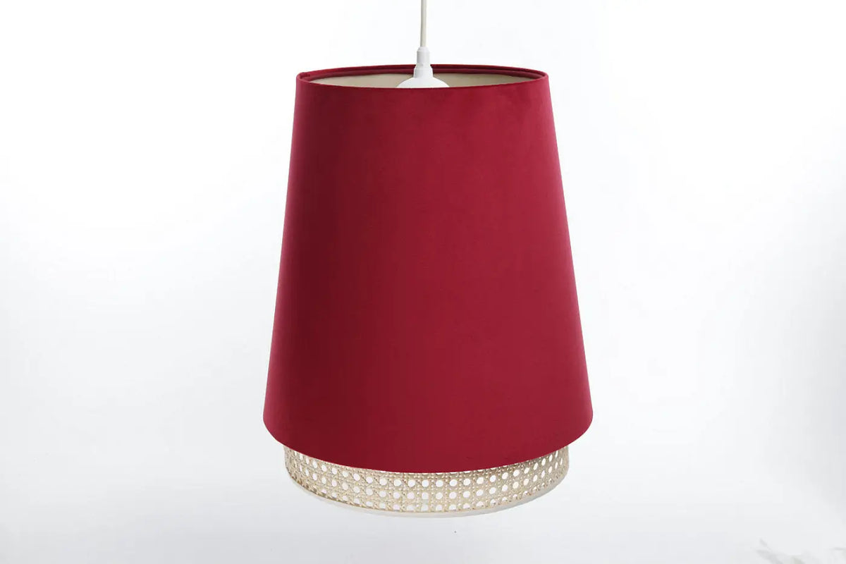 Suspension rouge moderne, abat-jour en rotin et tissu