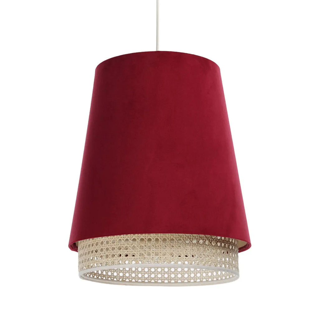 Suspension rouge moderne, abat-jour en rotin et tissu