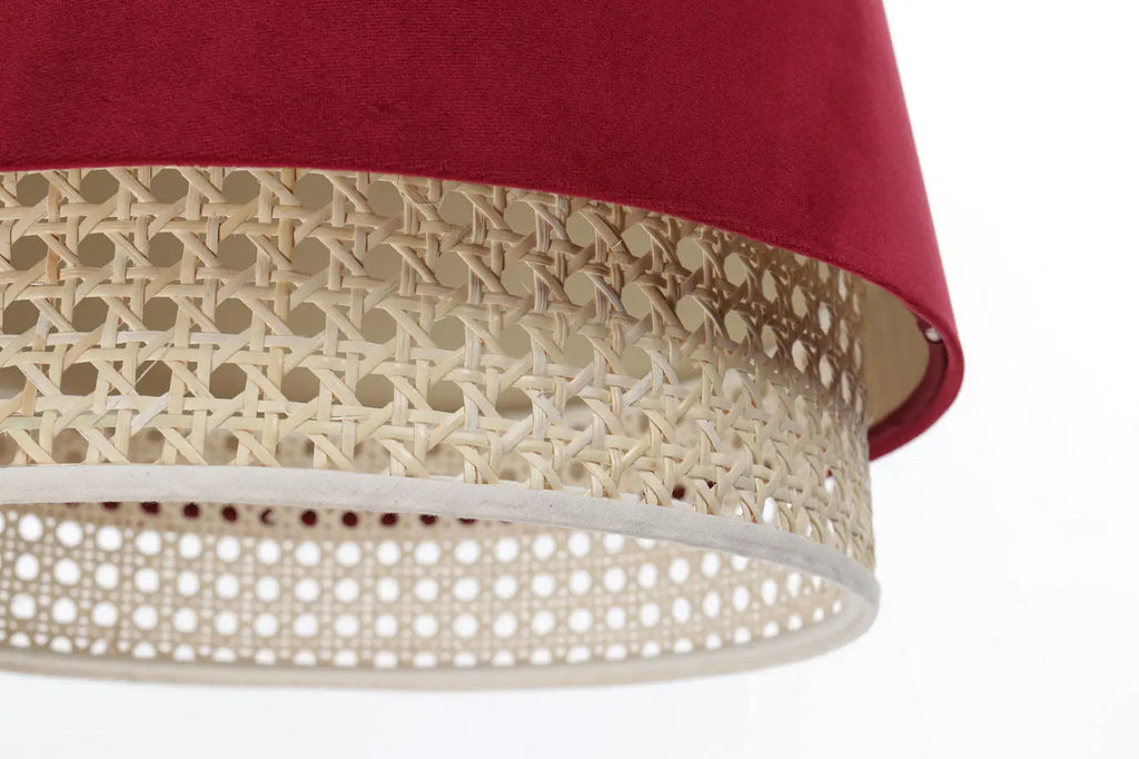 Suspension rouge moderne, abat-jour en rotin et tissu