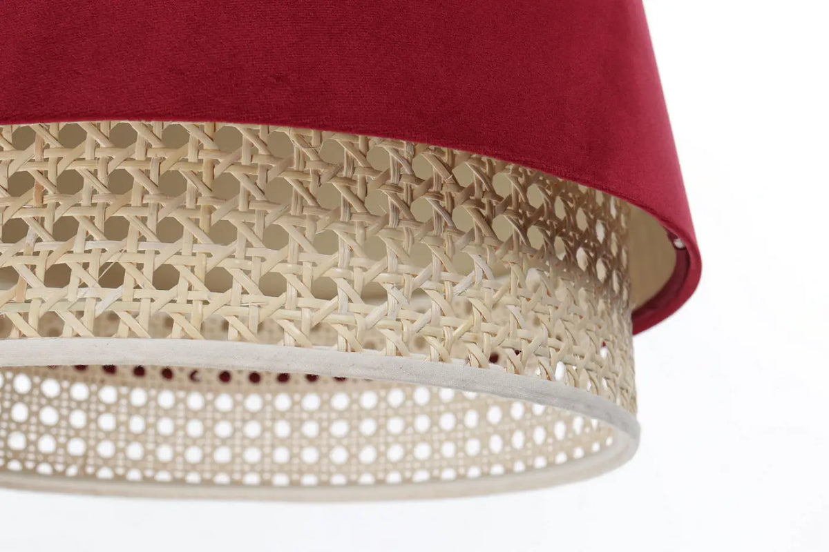 Suspension rouge moderne, abat-jour en rotin et tissu