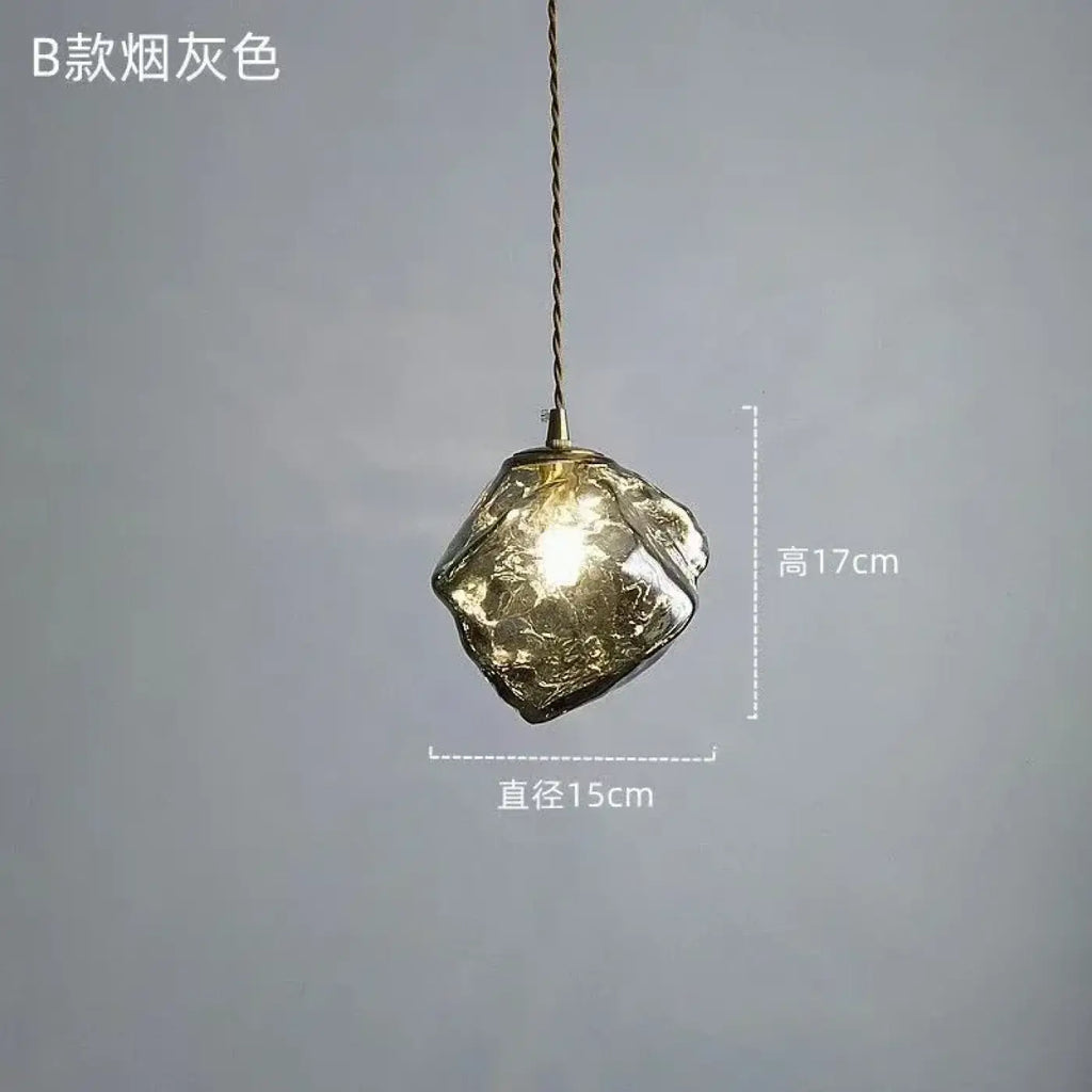 Suspension en verre texturé ambré ou gris fumé, détail bois