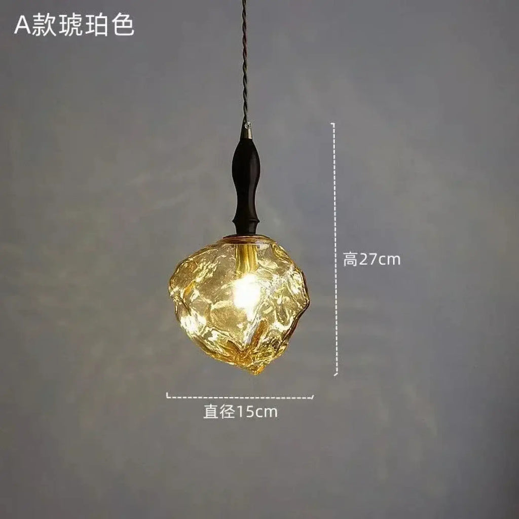 Suspension en verre texturé ambré ou gris fumé, détail bois