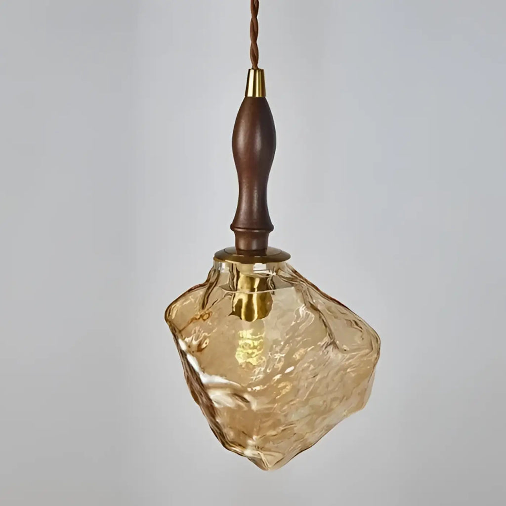 Suspension en verre texturé ambré ou gris fumé, détail bois