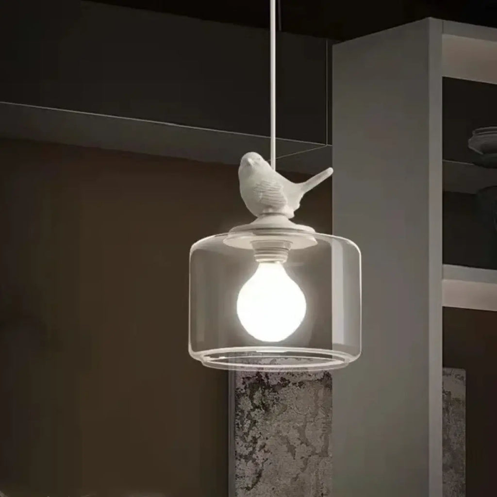 Suspension en verre gravée d'un oiseau blanc