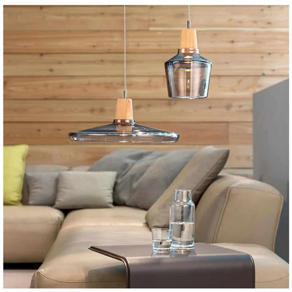Suspension en verre finition effet bois, transparent ou ambre