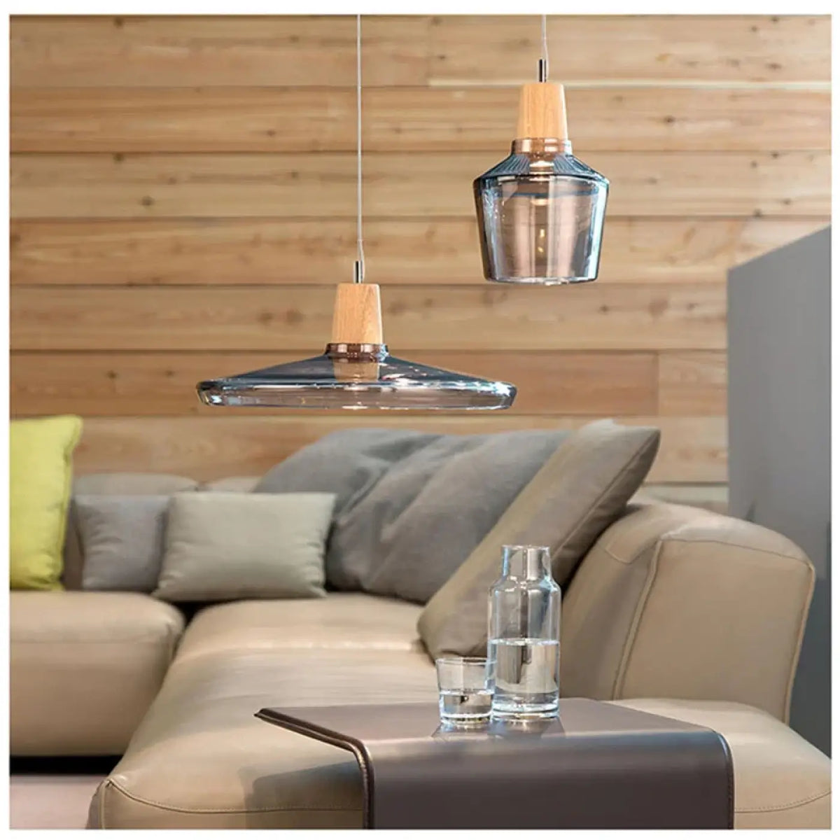 Suspension en verre finition effet bois, transparent ou ambre