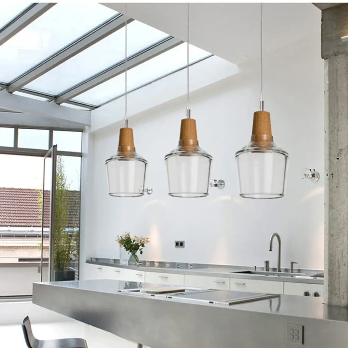 Suspension en verre finition effet bois, transparent ou ambre