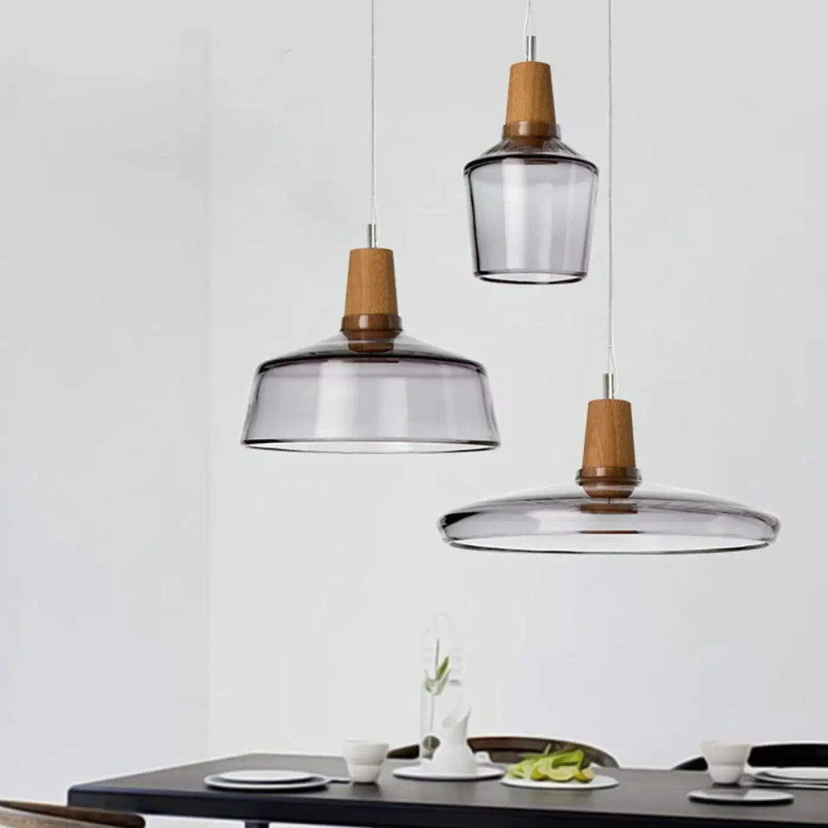 Suspension en verre finition effet bois, transparent ou ambre