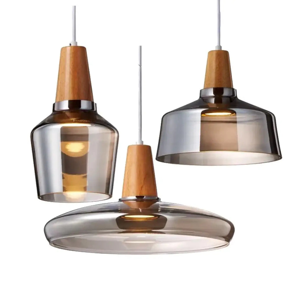 Suspension en verre finition effet bois, transparent ou ambre
