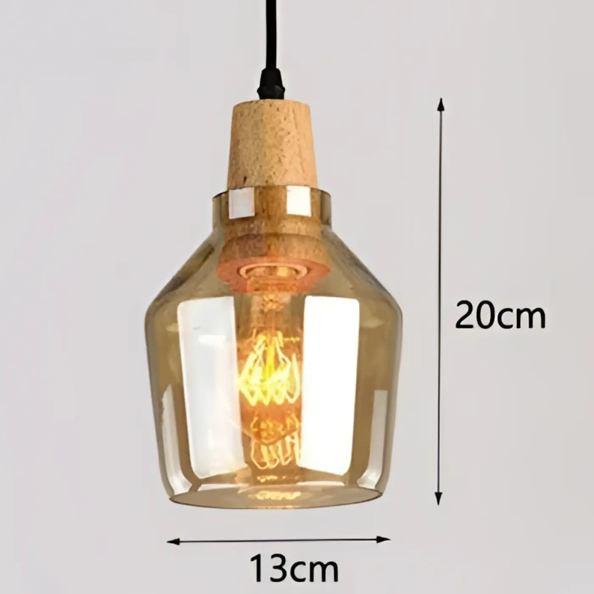 Suspension en verre et bois, transparent, gris fumé ou ambre, ambre
